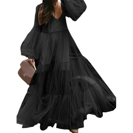 Women Loose Lace Mesh Long Dress Puff Sleeve Ruffle Maxi Sundress