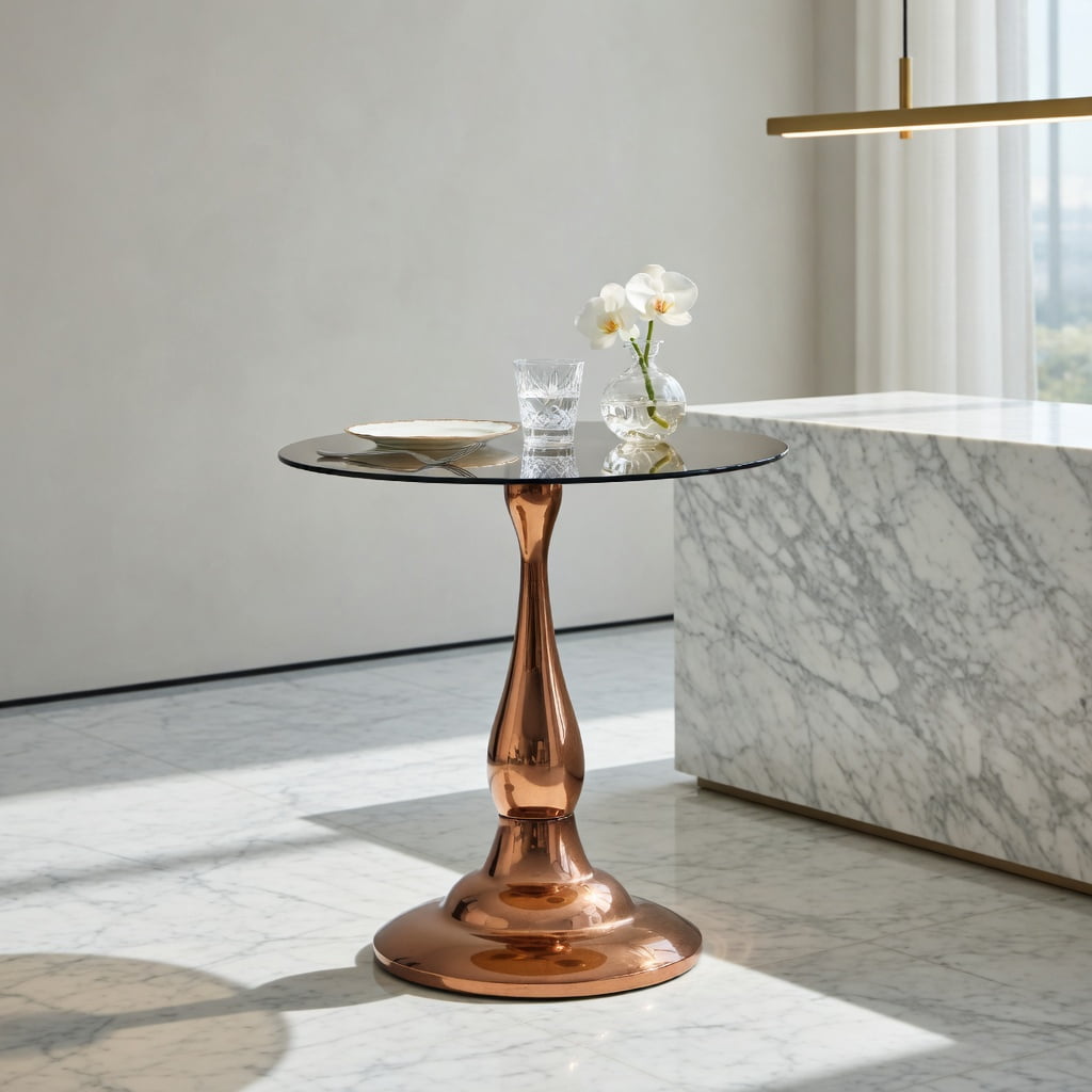 Hommoo Modern Metal Side Table with Tempered Glass Top, 20.3 in Height, 19.6 in Round Tabletop for Bedroom, Living Room, or Patio, Rose Gold
