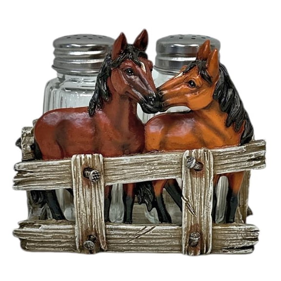 De Leon Collections 14085 Polyresin Banyard Western Horses Farmhouse Country Ranch Fence Salt and Pepper Shaker Holder Set