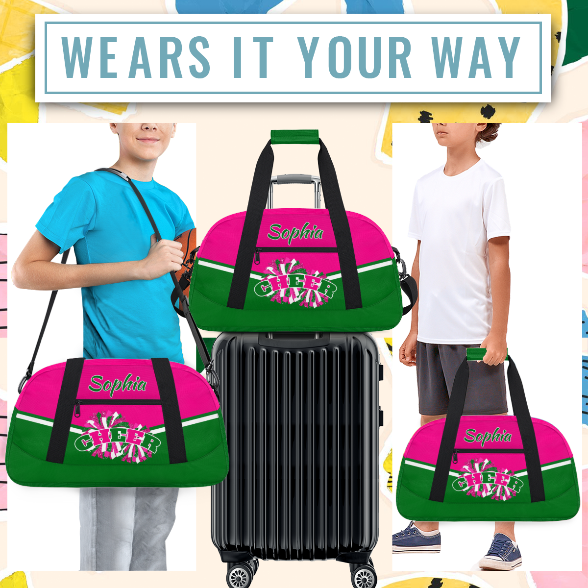 Jiaoprinted Personalized Cheer Bag, Custom Sport Duffel Bag with Name, Customized Cheerleader Dance Bag, Sport Gym Bag Overnight Weekender Bags, Pink Green