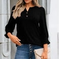 thumbnail image 2 of BiZtdJrK 3/4 Length Puff Sleeve Womens Sweaters Casual Button V Neck Henley Shirts Solid Color Pullover Blouse Going Out Tops, Black, L, 2 of 8