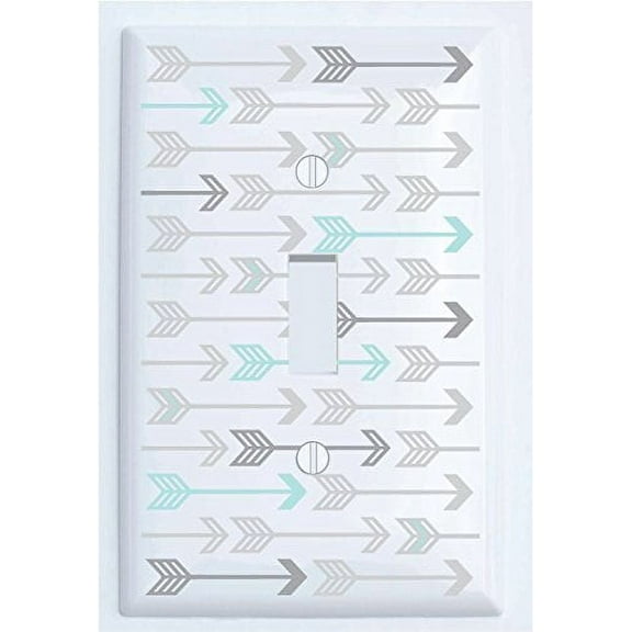 seafoam green and grey arrow print pattern single toggle light switch plate covers/arrows woodland forest nursery wall decor for baby (single toggle)