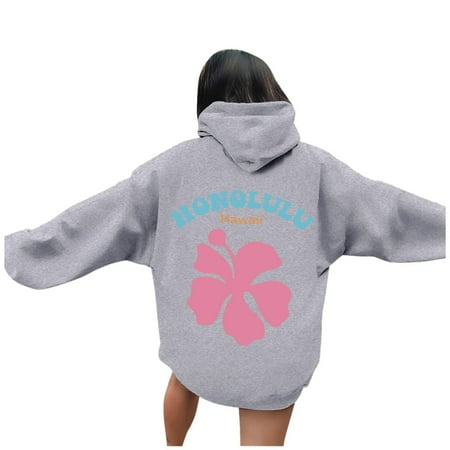 ADSSDQ Sweatshirts for Teen Girls Long Sleeve palm puff hoodie Oversized Preppy Casual Cute Graphic Drawstring Hooded Pullover Gray XL
