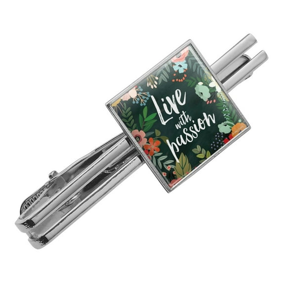 Live with Passion Floral Inspirational Square Tie Bar Clip Clasp Tack- Silver or Gold