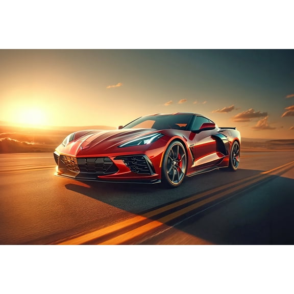36x24in A sleek, modern Corvette Stingray on an open road during sunset 【Photo Paper】