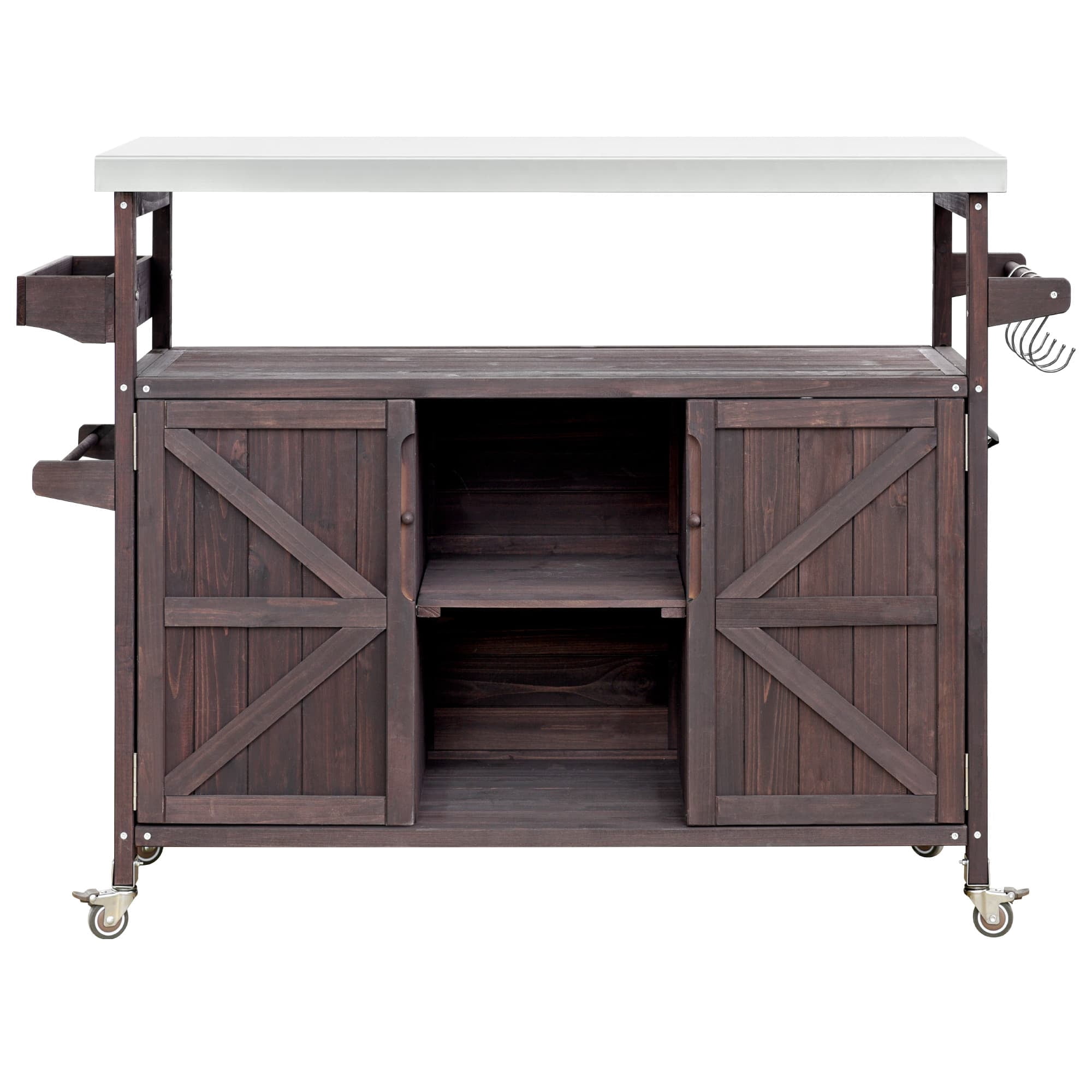 MAYEERTY Outdoor Kitchen Island - Solid Wood Grill Table, Stainless Steel Top, Dark Brown