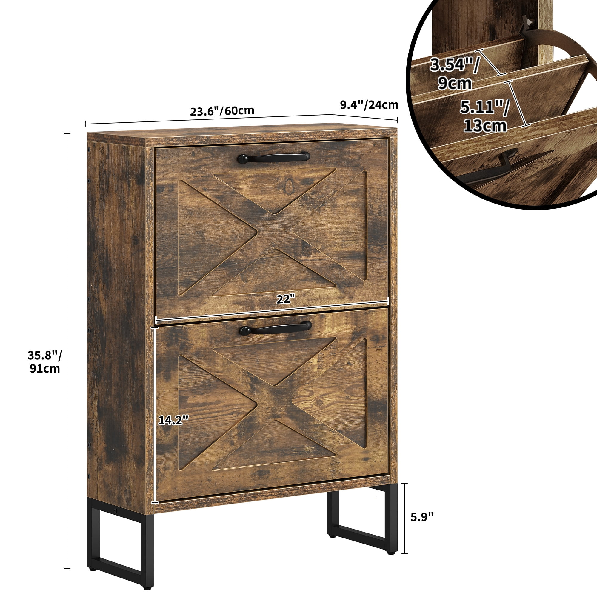 Uforic Shoe Cabinet with 2 Flip Drawers, Farmhouse Narrow Shoe Rack Organizer with Metal Legs, Brown