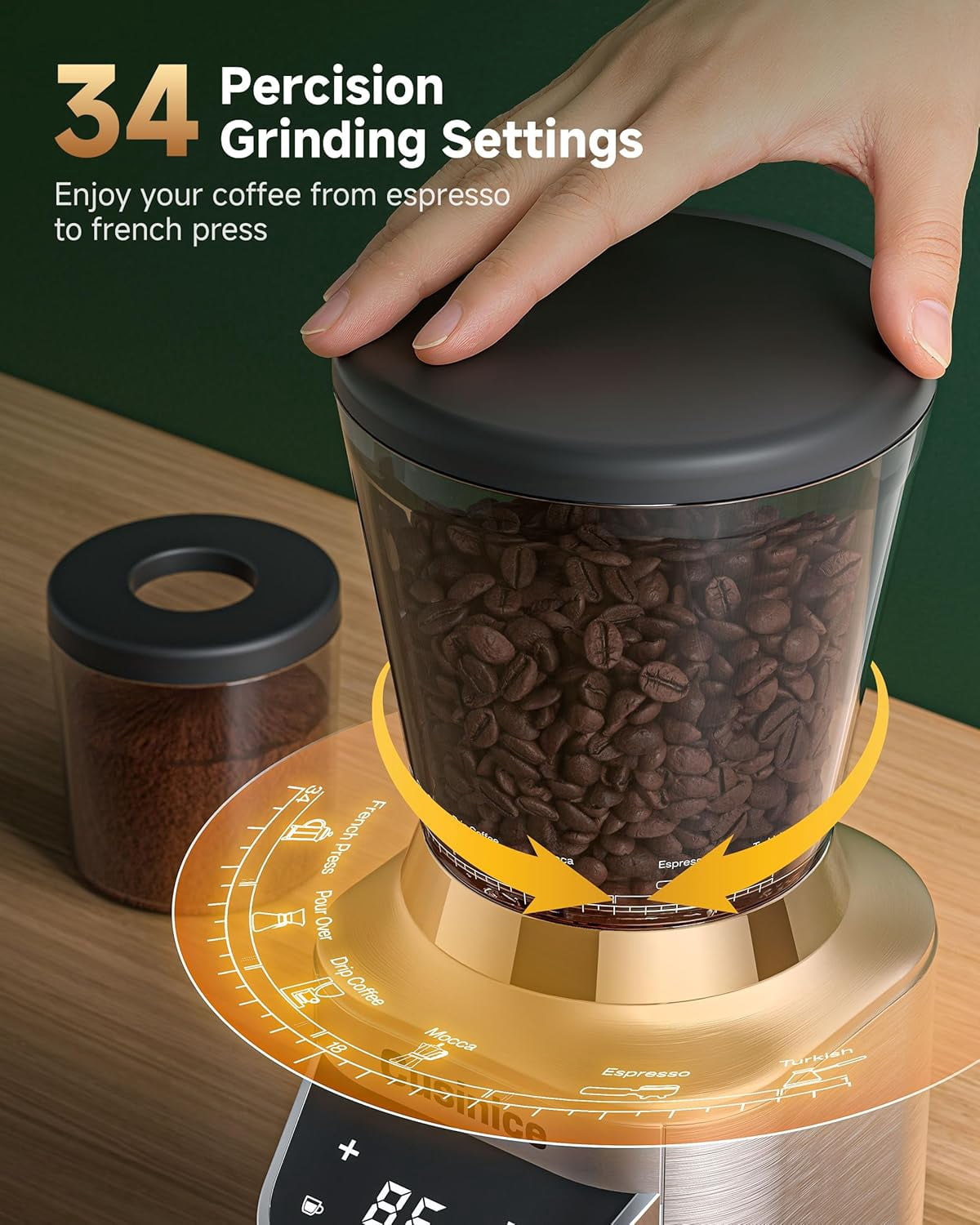 Conical Burr Coffee Grinder with 40mm Stainless Steel, 34 Settings & Anti-Static for Home Espresso