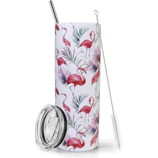 Vaso de flamenco con tapa y pajita de acero inoxidable de 20 oz, diseño de flamenco rosa, delgado, con aislamiento, botella de agua, taza de café, vaso de viaje, regalo de flamenco para mujeres.