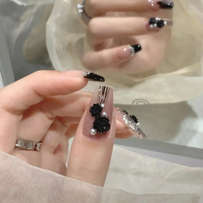 LMSOED 24pcs Black Camellia Pearl Rhinestone False Nails Durable False Artificial Nails for Hand Decoration Nail Art, Size: Jelly Glue Model