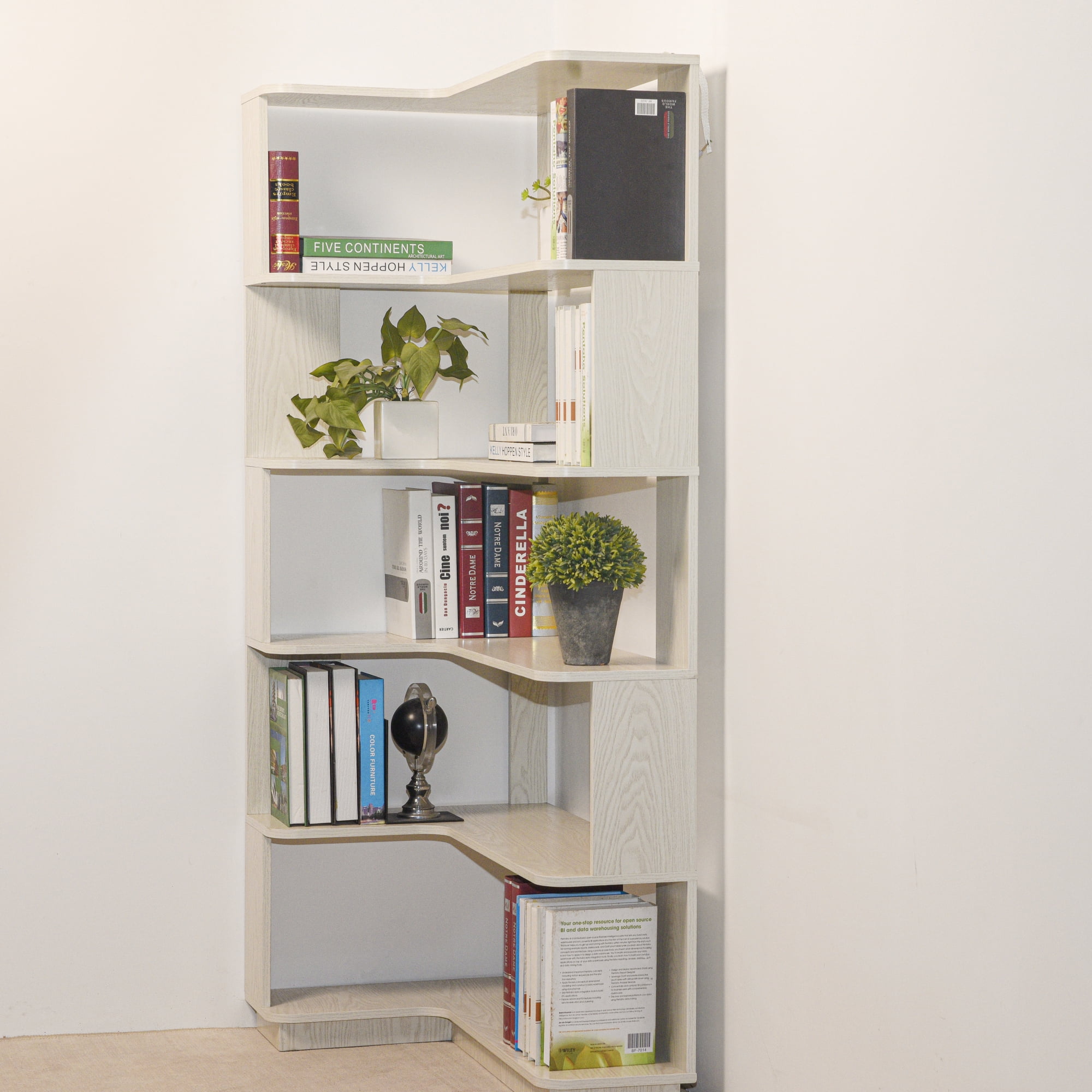Leumius 5 Tier Freestanding L-Shaped Corner Bookshelf,Wooden Bookcase with Anti-drop Panel and Anti Tipping Device, Display shelf Open Storage,White