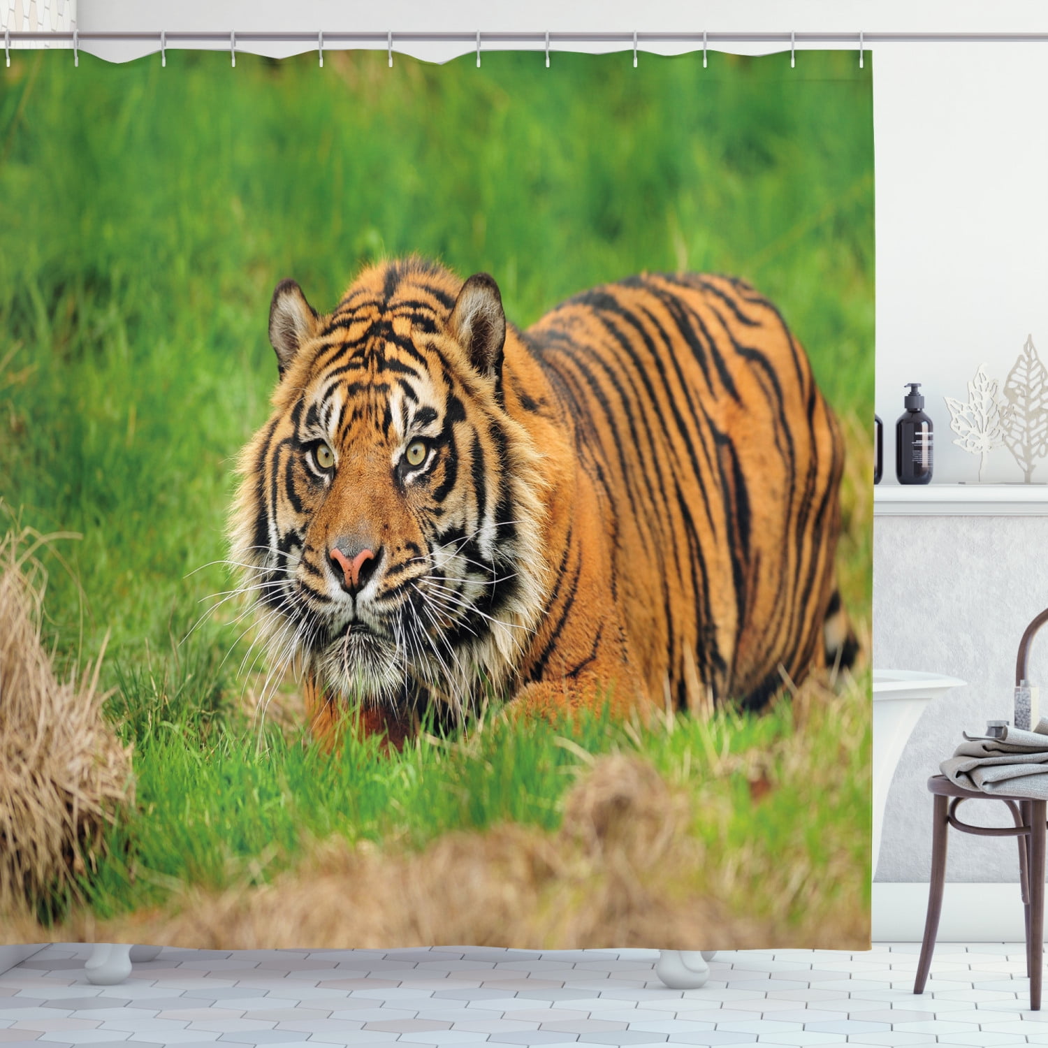 Outdoor Curtain for Patio Waterproof W72 x L96 Inch Green Orange Sumatran Feline Hiding in Ambush While Stalking Its Prey Moments Before Attack leinuoyi Tiger Outdoor Curtain Kit