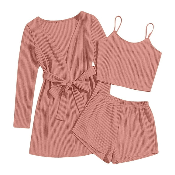 YUGYXL Womens 3 Piece Outfit Waffle Knit Lounge Set Soft Pajama Sets Tank Cami Top and Shorts Cardigan Belted Robe Bathrobe Pink L