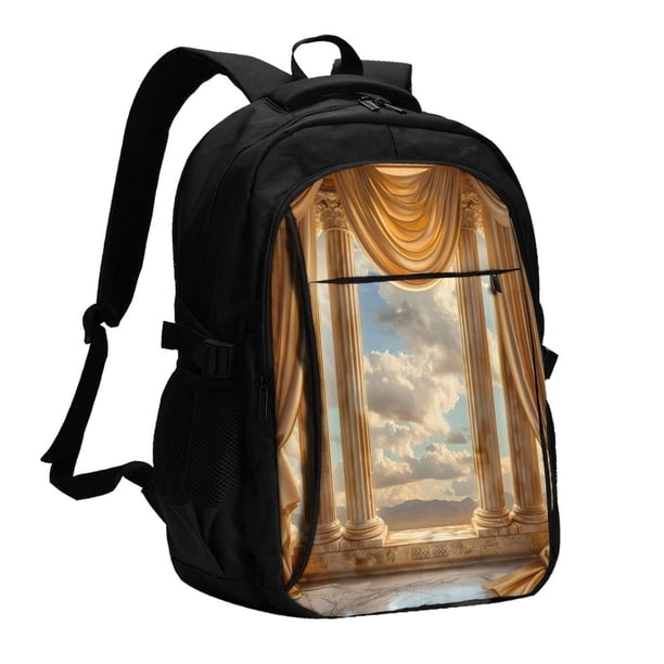Balery Golden Drapes Pillars Clouds Mochila con carga USB para hombre y mujer - Mochila impermeable y antirrobo para portátil con puerto USB para viajes, trabajo, estudios y universidad