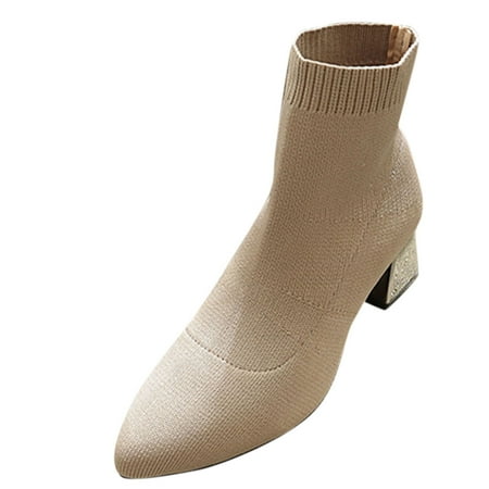 

nsendm Lace up Boots for Women Heels Breathable Solid Shoes Toe Thigh Boots Knitting Womens Boots Low Heel Leather Khaki 7.5