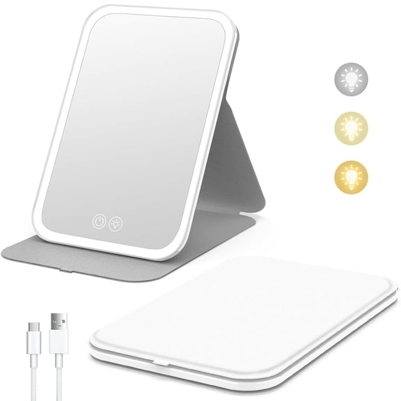 Behome Travel Makeup Mirror with Light, 3 Color Modes & Adjustable Brightness, Foldable Vanity Mirror with Adjustable Angle, Beauty Mirror for Cosmetic , Office, White