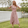 thumbnail image 5 of MLDRA Dress for Women Flower Floral Wedding Guest Dress V Neck Wrap Ruffle Sleeve Beach Skirt Casual 2026 Summer Pink, 5 of 7