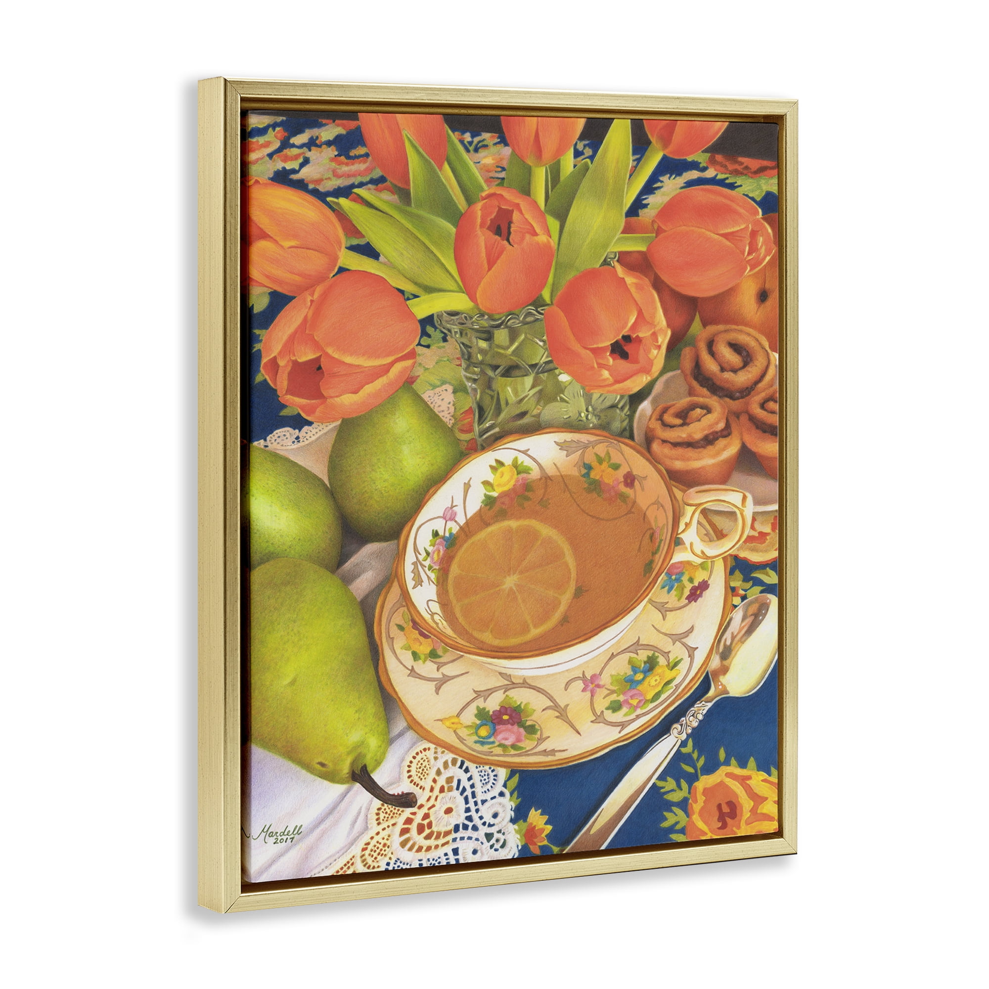 Stupell Industries Tea with Orange Tulips Food & Beverage Painting Gold Floater Framed Art Print Wall Art, 17 x 21