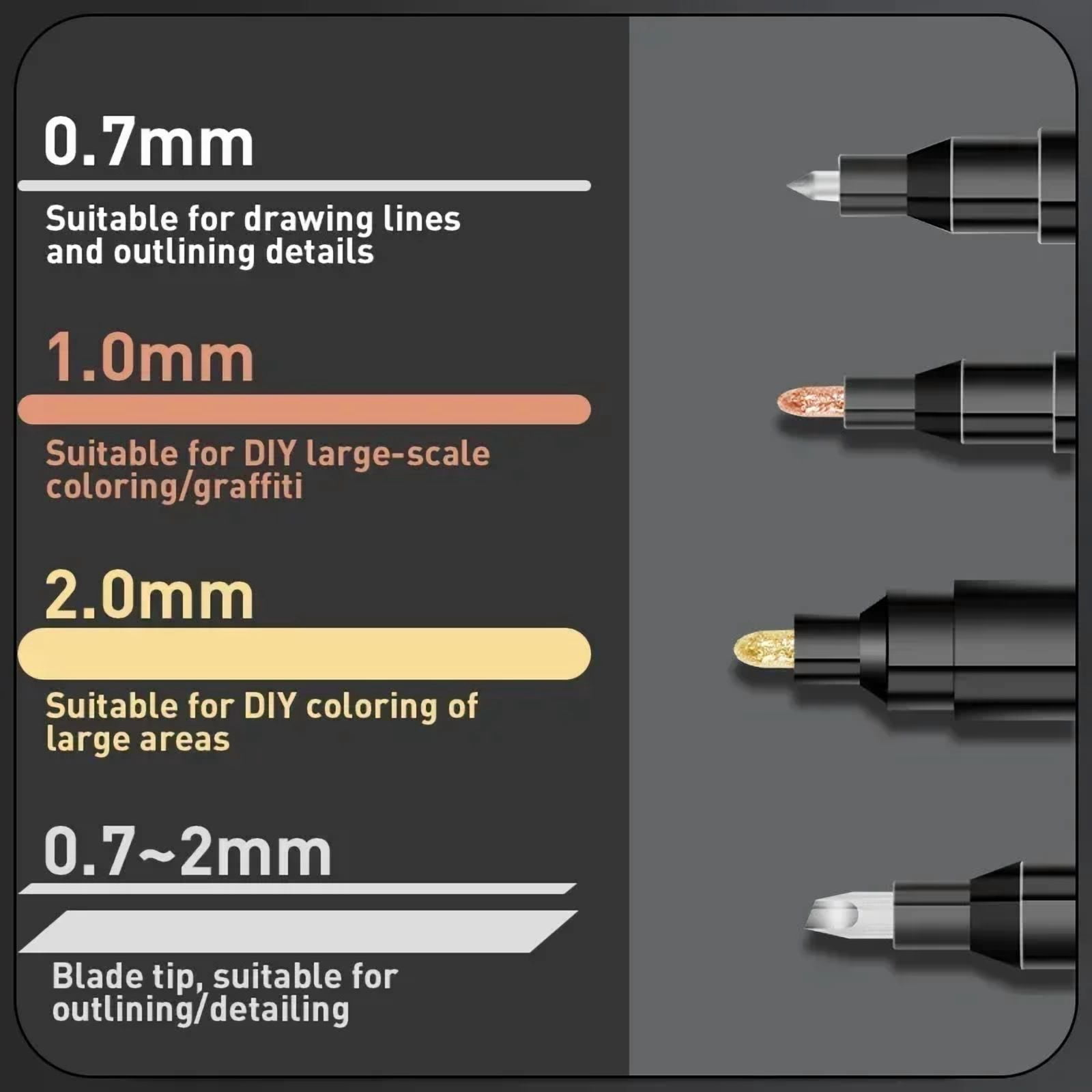 1/2/3/4Pcs Chrome Mirror Marker Pen, 0.7mm 1mm 2mm DIY Reflective Paint Pen, Permanent Gold Silver Copper Marker Model Painting