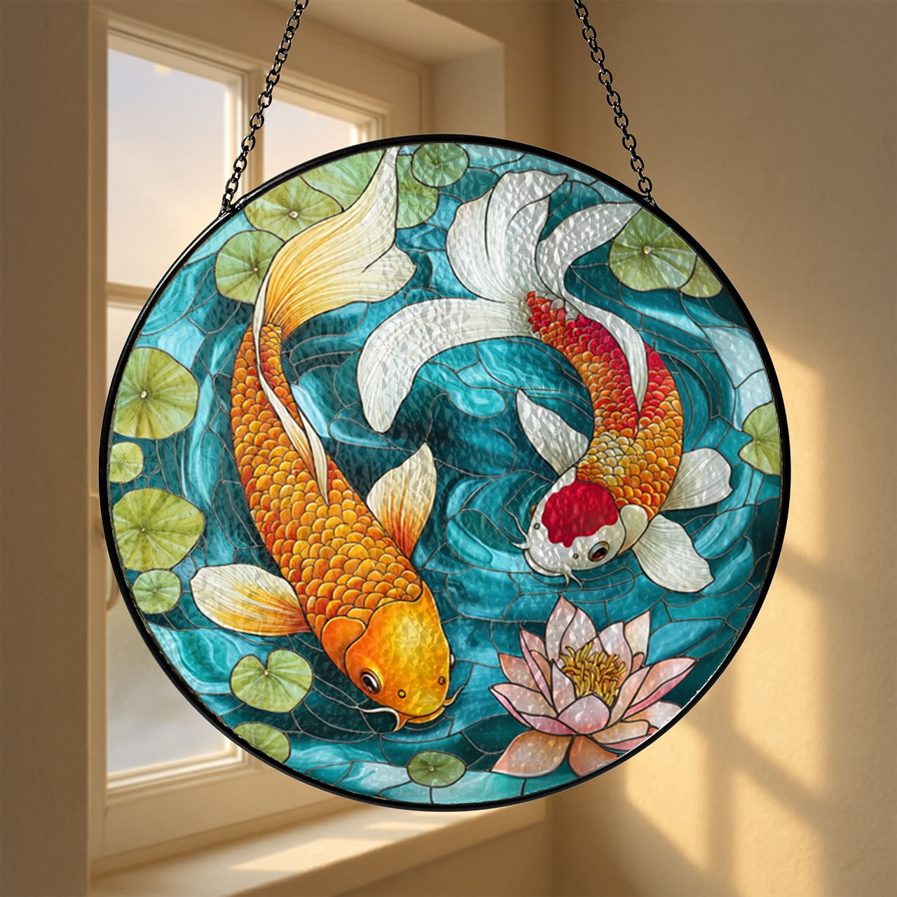 Handmade Koi Fish Faux Stained Glass Panel – Colorful Home Decor Gift
