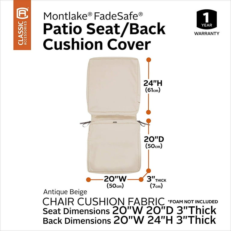 Classic Accessories Montlake FadeSafe Water-Resistant 44 x 20 x 3 inch Patio Chair Cushion, Antique Beige