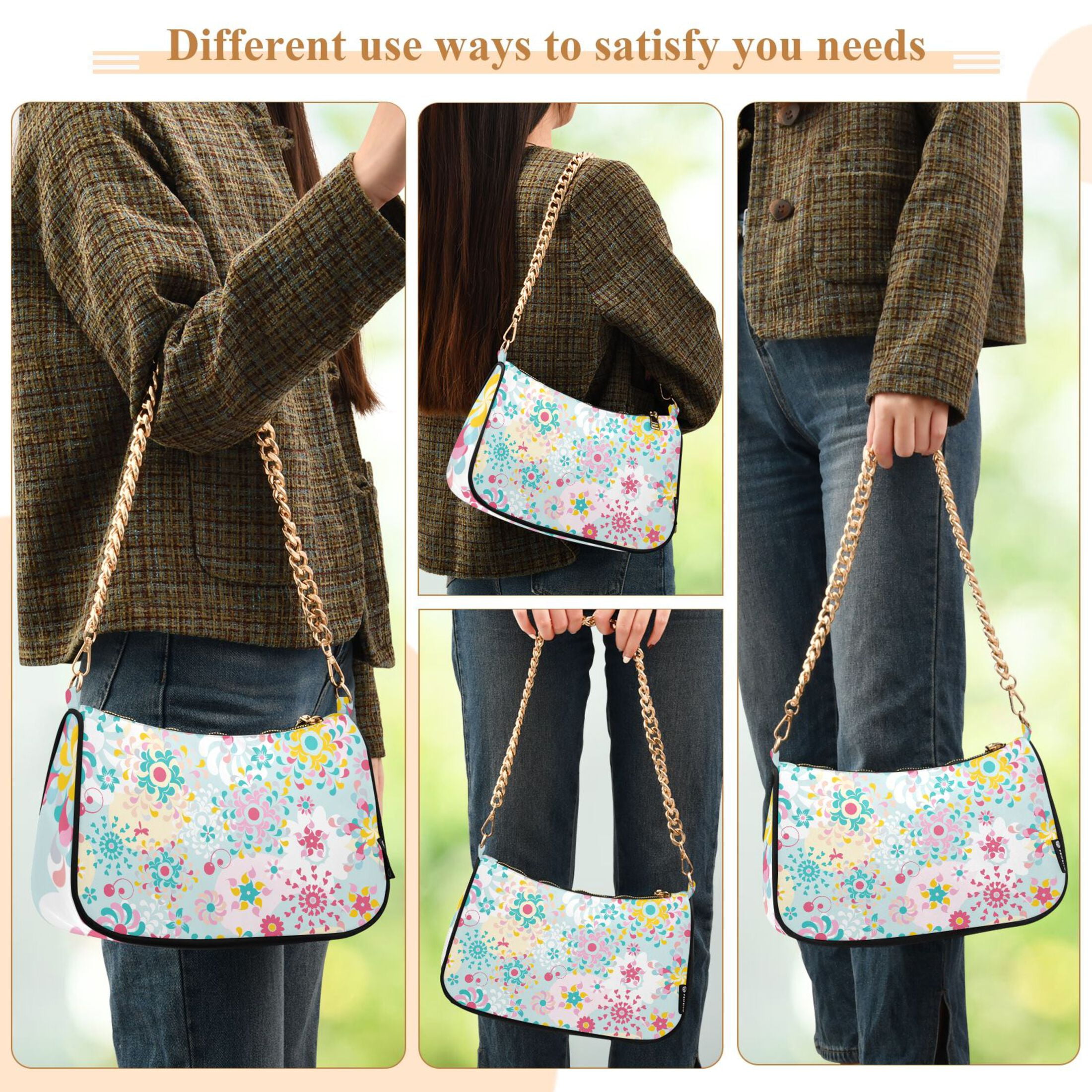Colorful Floral Flowers Pink and Blue Womens Chain Shoulder Bag Tote Handbag Clutch Hobo Purse with Zipper for Travel Casual