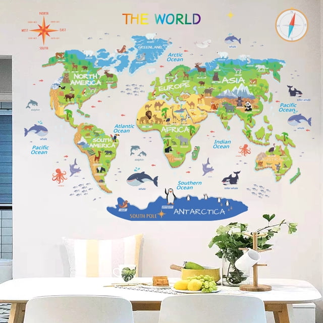 Adhesivos de pared de PVC con el mapa de animales del mundo, 81 x 110 cm, 3 hojas