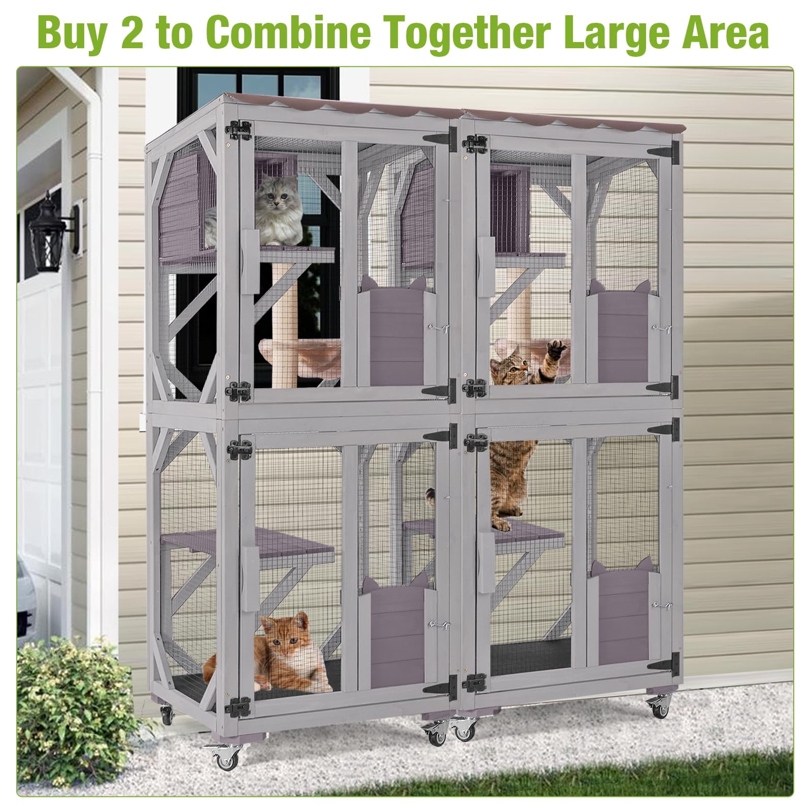 BUTINGLALE Catio Outdoor Cat Enclosure Window Waterproof Roof Cat Patio with Scratching Posts and Basket, Outdoor Catio House Easy Mobile with Brake Wheels Indoor 62.8"