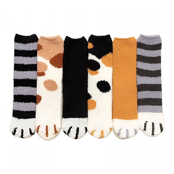 TELOLY 6 Pairs Cute Cat Paw Socks Women Fuzzy Socks Soft Fluffy Slipper Socks Sleeping Warm Socks Christmas Gift for Girls