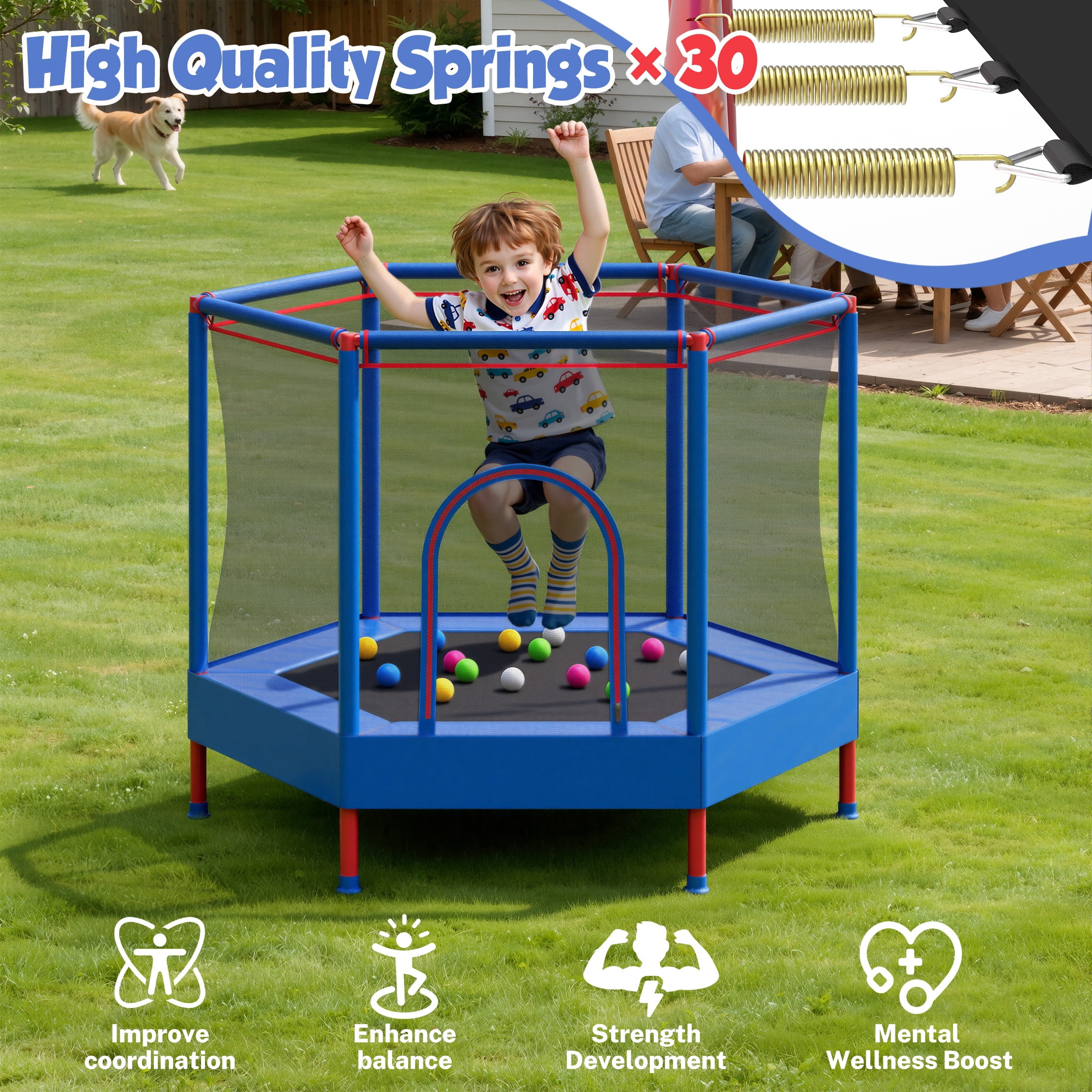 SHINPT 55'' Kids Trampoline with Safety Net, No-Gap Toddler Trampoline Indoor&Outdoor, Mini Trampoline for Kids Ages 3-8, 4.5FT Small Trampoline with Enclosure, Easy Assembly