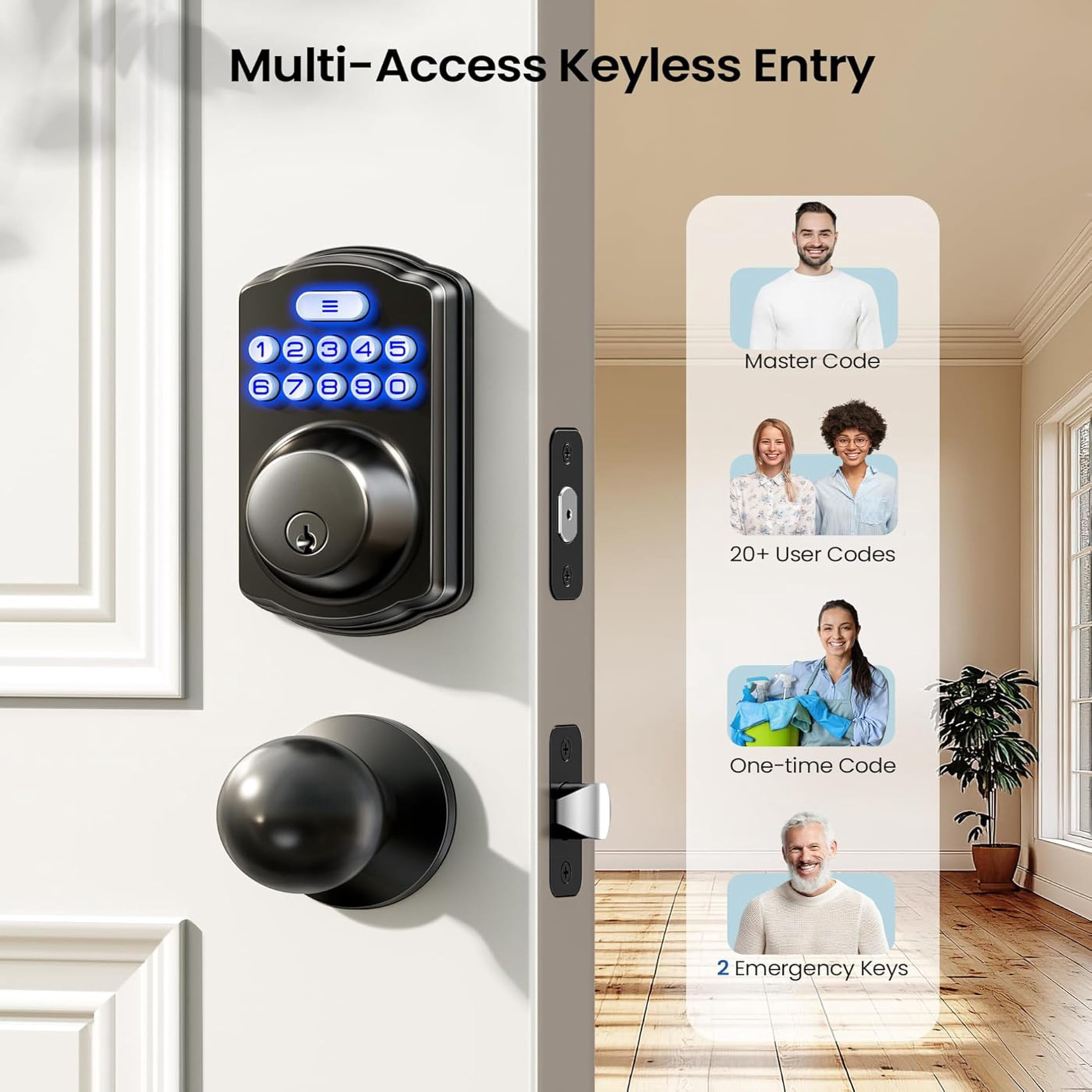 Veise Keyless Entry Door Lock with Handle, Electronic Keypad Deadbolt, Auto Lock, 2 Knobs, Black