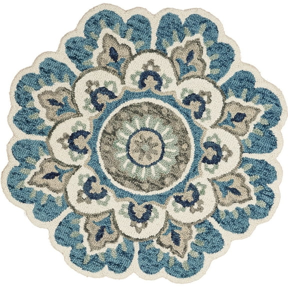 HomeRoots 554451 5 ft. Blue & Ivory Wool Floral Hand Tufted Round Area Rug