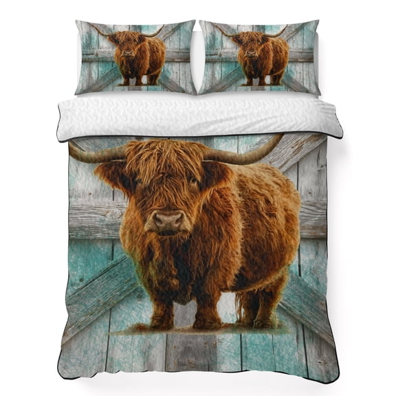 Twin XL Quilt Set, Classic Highland Portrait Lightweight Quilt Sets Summer Comforter Coverlets with 2 Pillow Shams, Vintage Green Wood Board Breathable 3 Piece Bedding Set for All Seasons