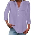 thumbnail image 2 of Women's Plus Size Cotton Linen T-Shirt, Button Down V Neck 3/4 Sleeve Blouse, Loose Fit Casual Top for Daily Wear, Vacation, Work and Relaxed Outfits Purple XXXXL, 2 of 8