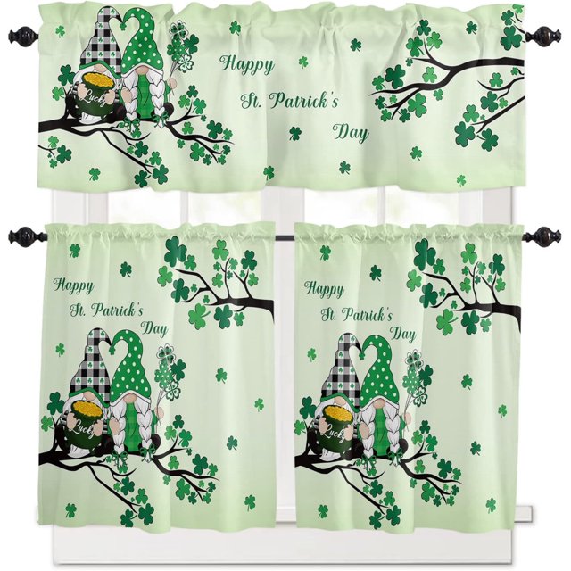 St. Patricks Day Kitchen Curtains and Valances Set, Green Lucky Clover Tree Gnomes Kitchen Curtains Set Rod Pocket Tier Curtains 36 Inch, Green Ombre Valances for Windows Living Room/Bedroom/Cafe
