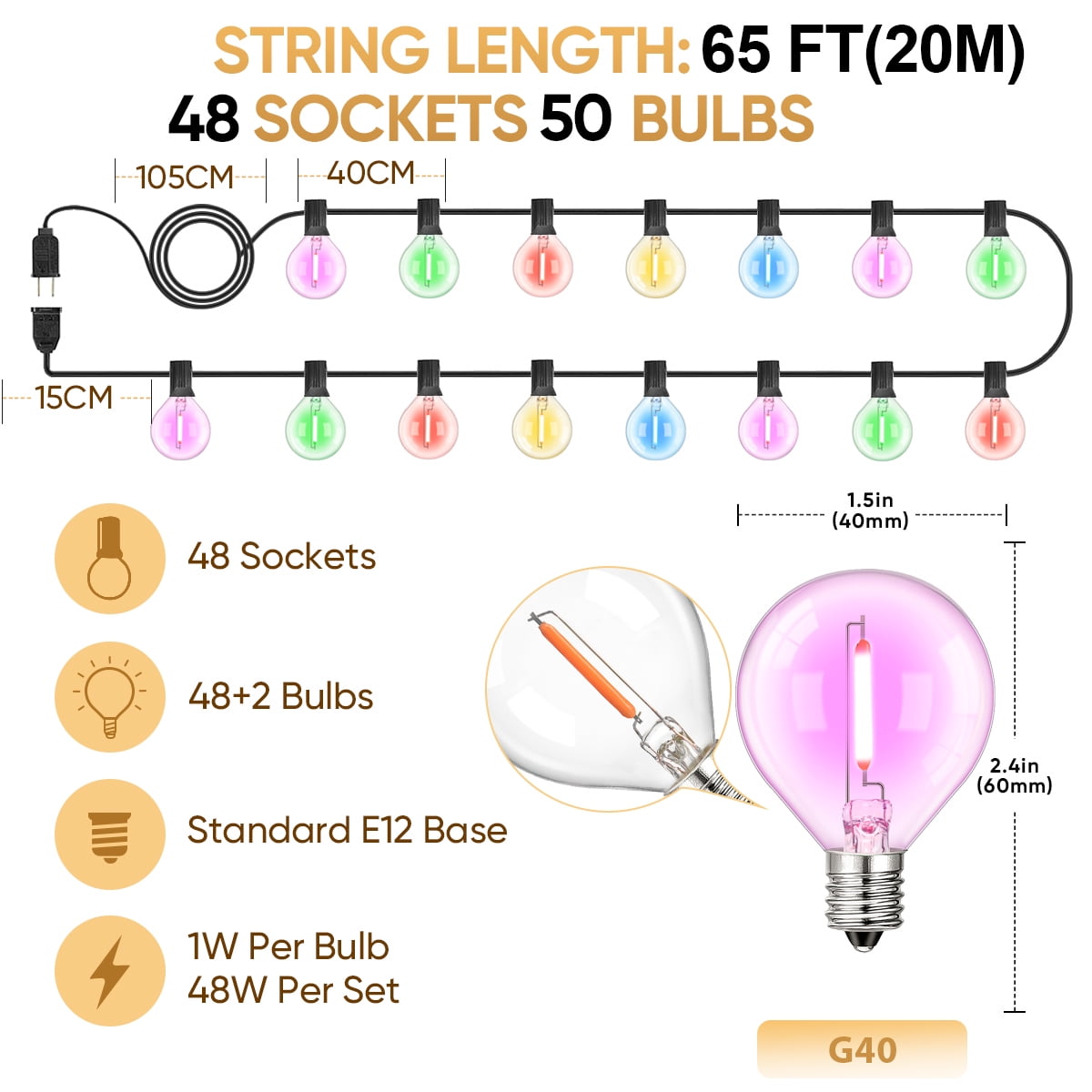 G40 LED Outdoor String Lights, 65Ft Globe Multicolor Christmas Decorations String Light with 50 Colored Filament LED Bulbs, Hanging Outdoor Patio Lights for Outside Backyard Porch Party