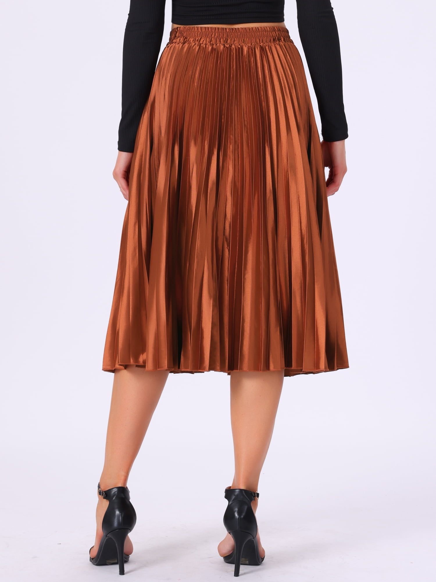 DARING DIVA Women's Midi Length Elastic High Waisted Pleated Skirt M Orange Coffee