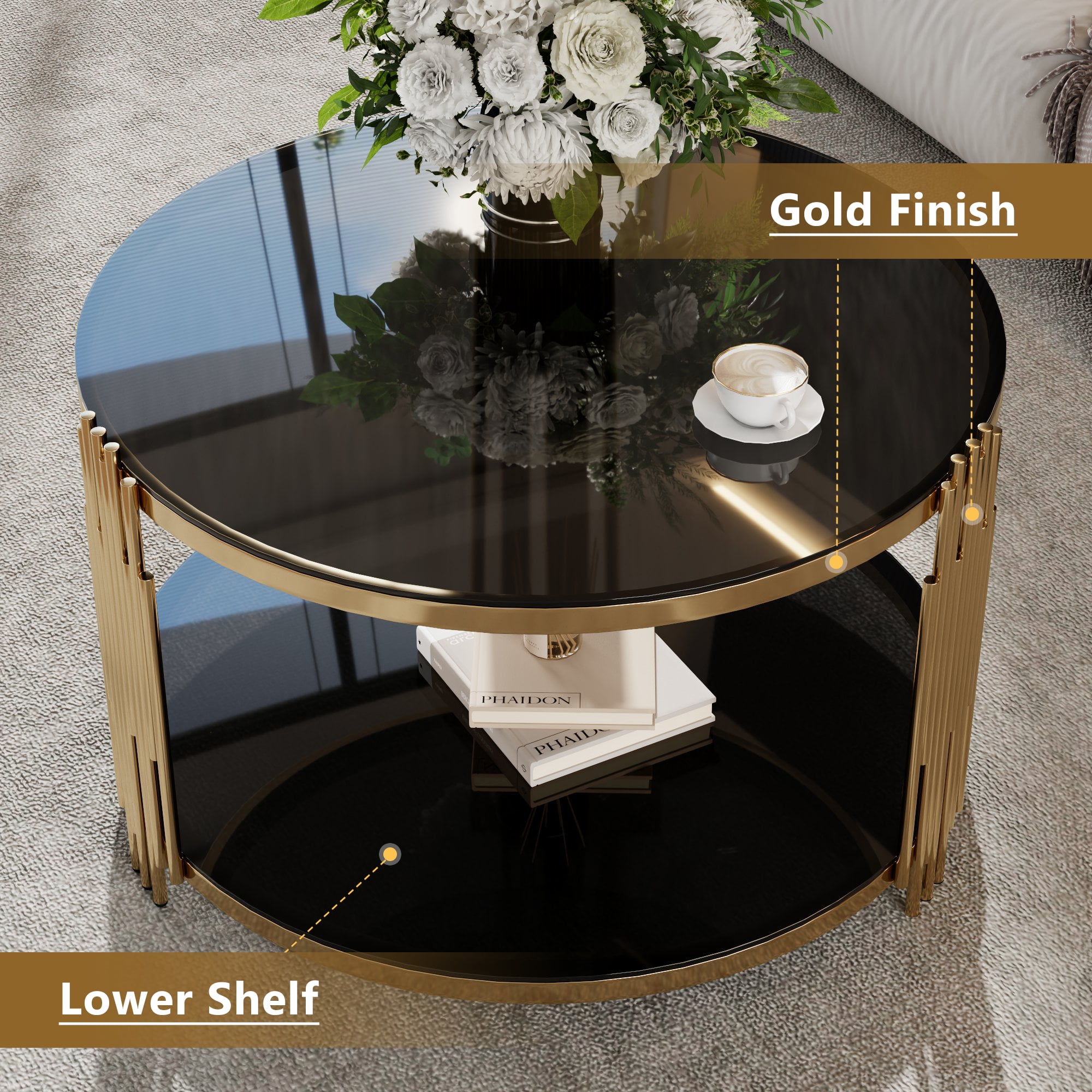 Aukfa Modern Round Tempered Glass Coffee Table, 2-Tier Center Table with Golden Metal Frame for Living Room, Black