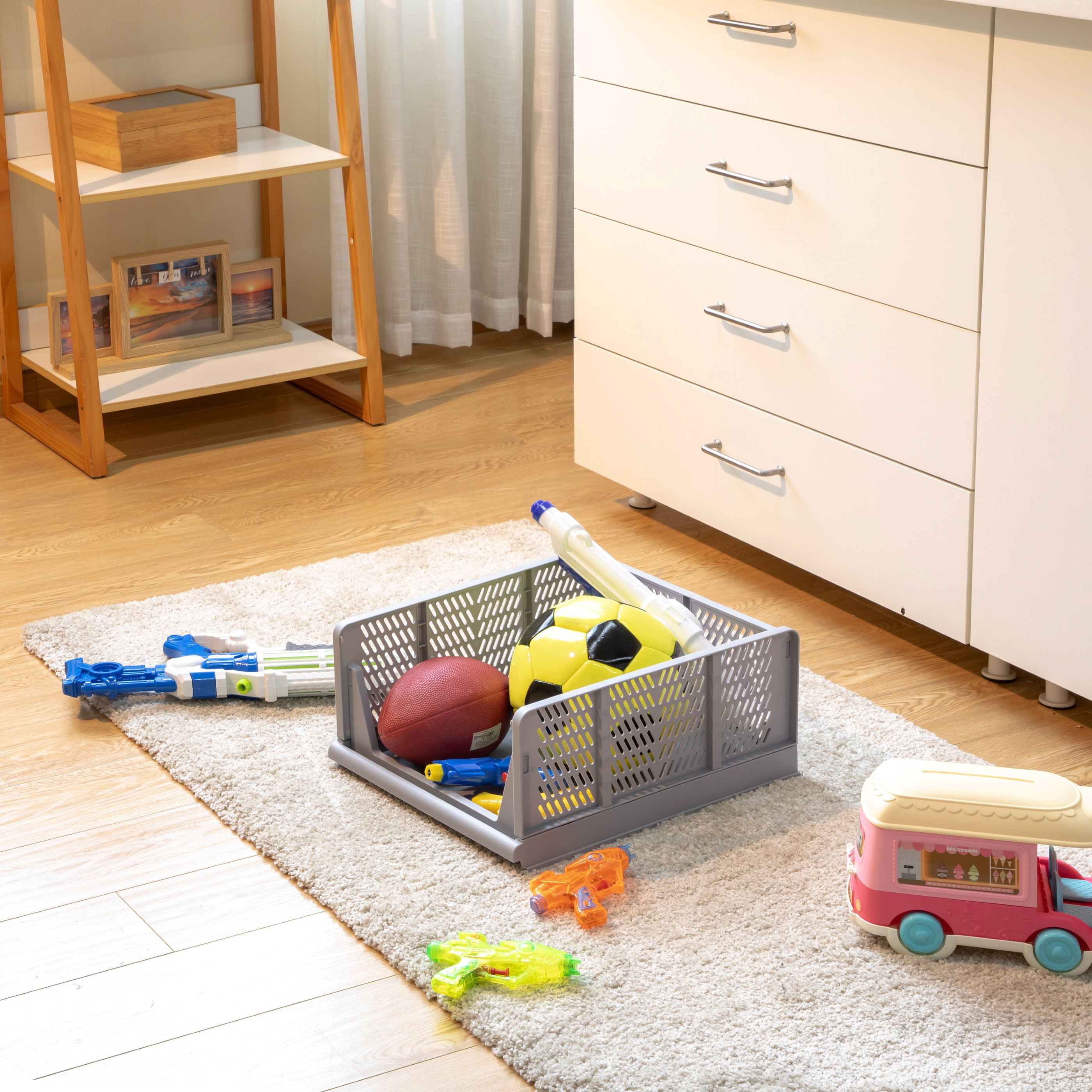 Your Zone Kids Collapsible Stacking Plastic Storage Bin, Grey, 13 in x 17 in x 1.3 in