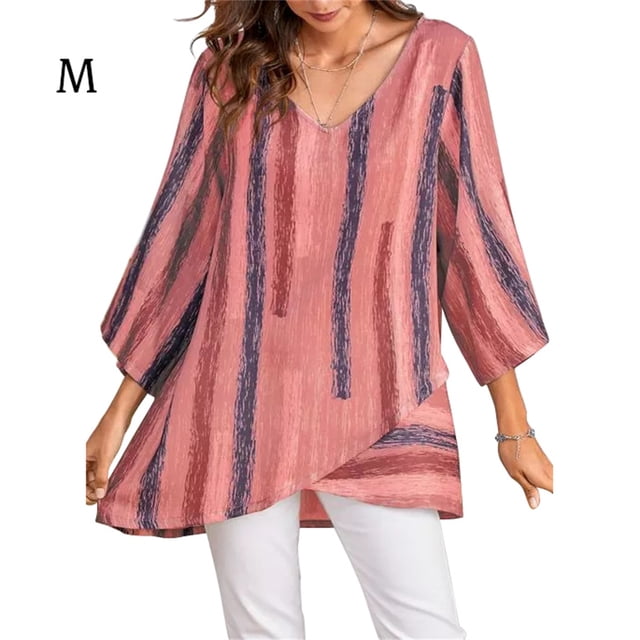 Qarigey Camiseta de mujer Blusa suelta de manga larga Top de rayas con cuello en V de otoño Prendas para la parte del cuerpo Rojo METRO