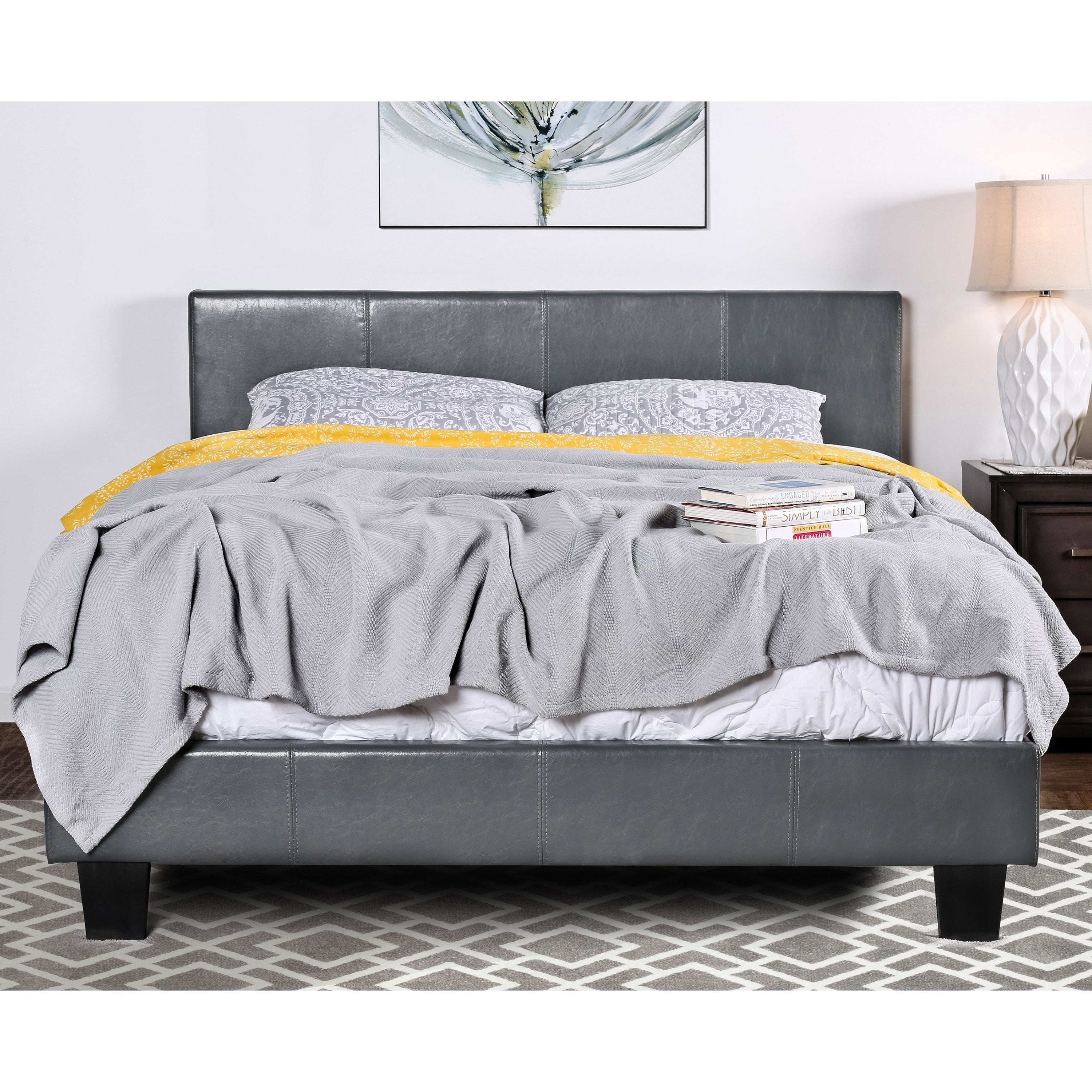 Furniture of America Mellie Faux Leather Bed, Eastern King, Gray