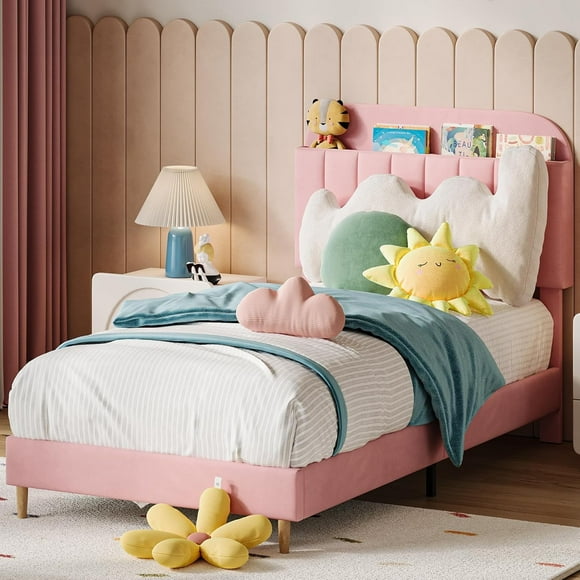 Eastvita Twin Size Upholstered Platform Bed Frame for Kids - Bookcase Headboard with Shelves, 650lbs Capacity, Pink