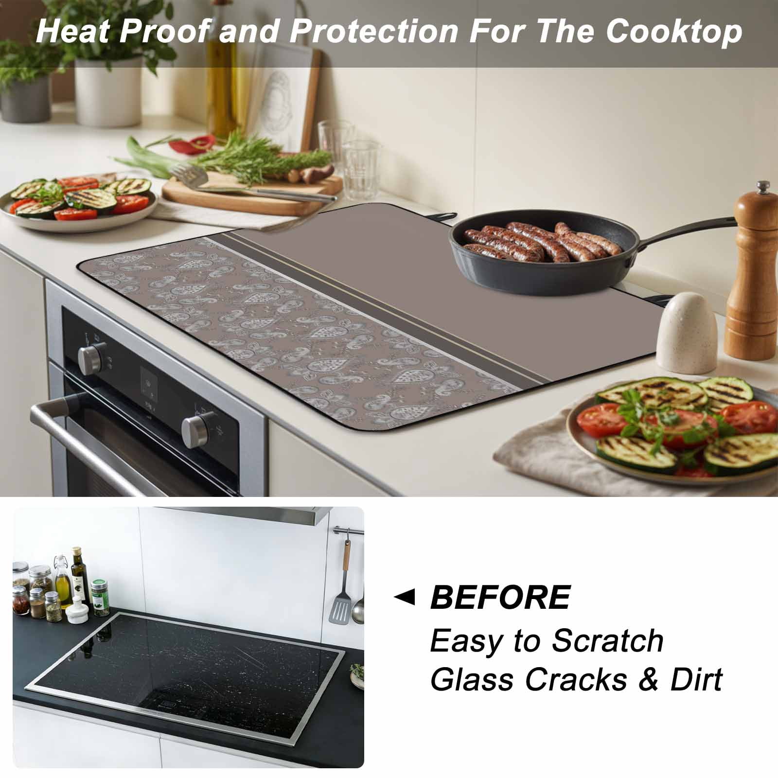 Boho Brown Flower Stove Top Cover for Electric Stove, Heat-proof & Non Slip Glass Top Stove Cover Protector, Abstract Bohemia Pesley Floral Kitchen Flat Cooktop Rubber Mat 24x21 Inches