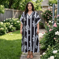 thumbnail image 3 of Oussum Kaftan Dresses for Women Striped Black Maxi Dress, Polyester V-Neck Kimono 3/4 Sleeve Cruise Wear, One Size 1X–3X, 3 of 5