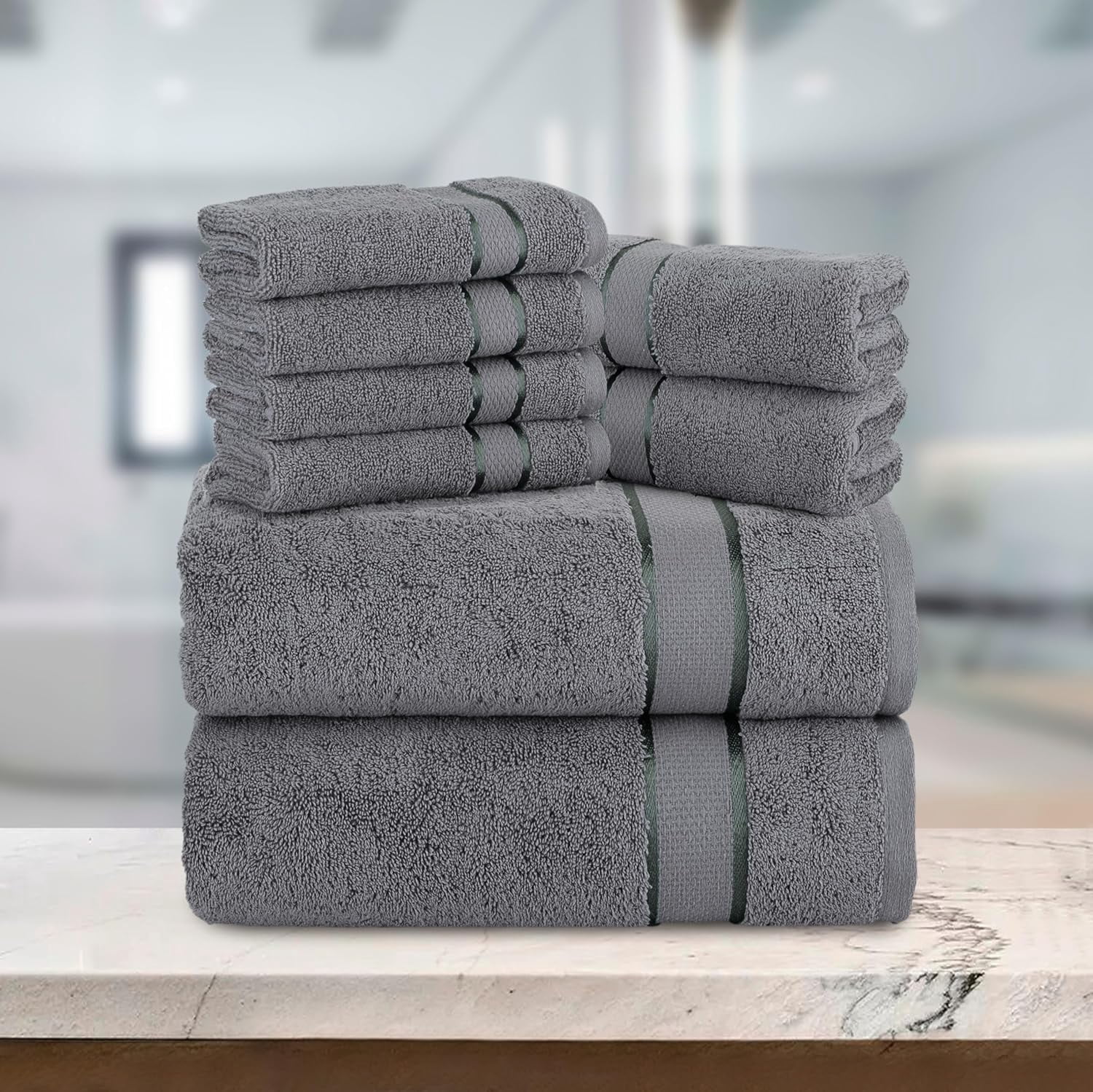 Cotton 8-Piece Towel Set, Includes 4 Washcloths, 2 Hand Towels and 2 Bath Towels, 100% Turkish Cotton - Highly Absorbent and Super Soft Towels for Bathroom, Grey