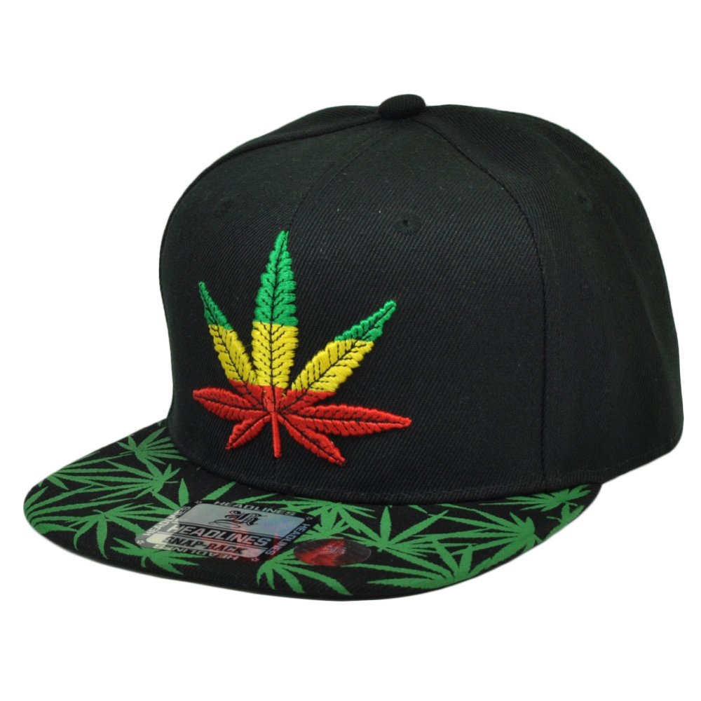 Marijuana Weed Rastafari Ganja Hat Cap Snapback Flat Bill Leaf Black