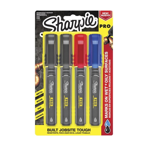 Sharpie PRO Permanent Markers, Fine Point, Black/Gray Barrel, Assorted Ink Colors, Pack Of 4