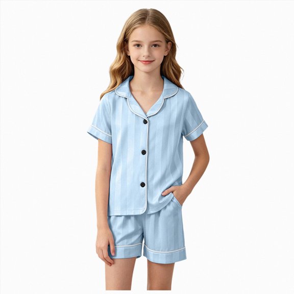 Splozh Silk Pajamas Girls Pajamas Silk PJS Set Bow Satin Sleepwear Jammies for Kids Button-Down Nightwear,Blue,12-18 Months
