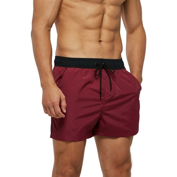 Frontwalk Mens Swimwear High Waist Boardshorts Solid Color Swimsuit Men Breathable Beach Pants Drawstring Bathing Suit Wine Red Black M