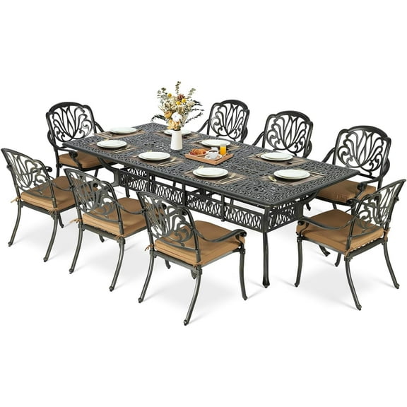 MEETWARM 9-Piece Outdoor Patio Dining Set for 8, All Weather Cast Aluminum Patio Funiture Table and Chairs Set- 94.5” Rectangular Table with 2" Umbrella Hole and 8 Cushioned Chairs for Garden, Khaki